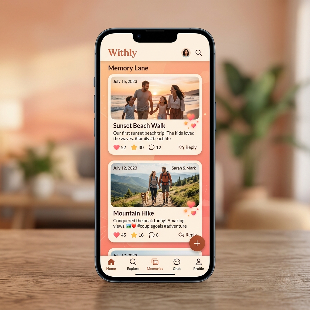 Withly memory sharing mobile app mockup layout